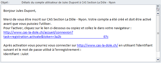 Email enregistrement